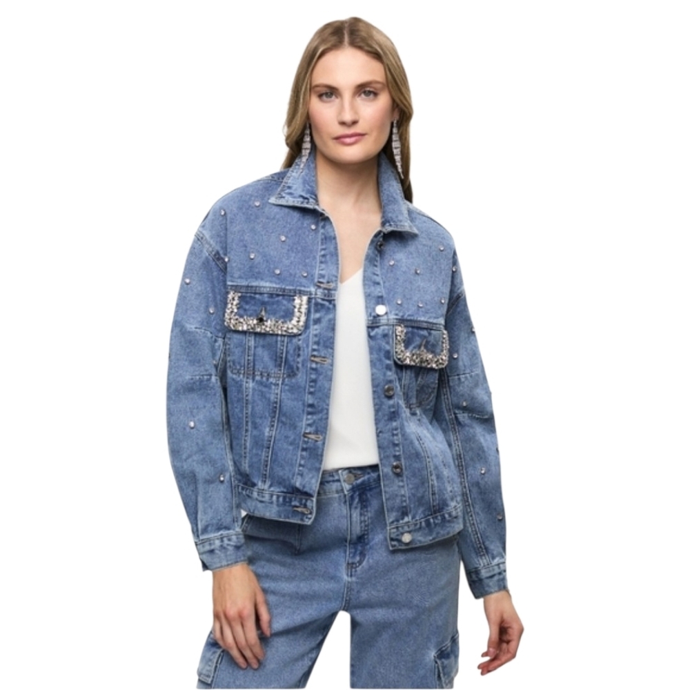 XS Joseph Ribkoff Blue Jean Crystal Embellished Denim Jacket Rhinestones